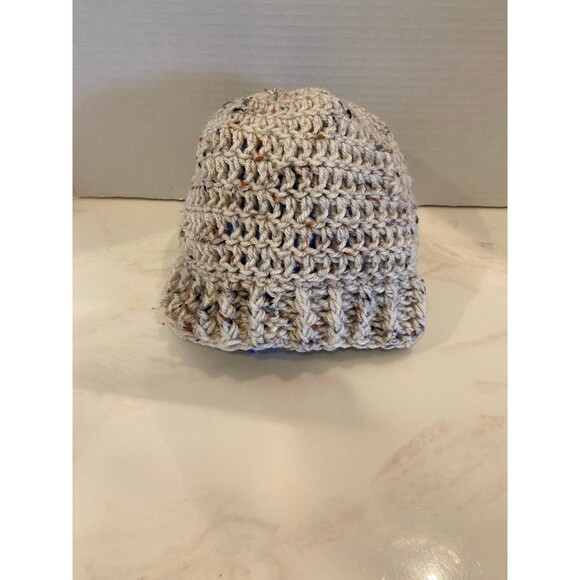 Hand Knitted Cozy Small Beanie Boho Hat Tan Variegated Yarn Thick & Warm - Picture 5 of 8